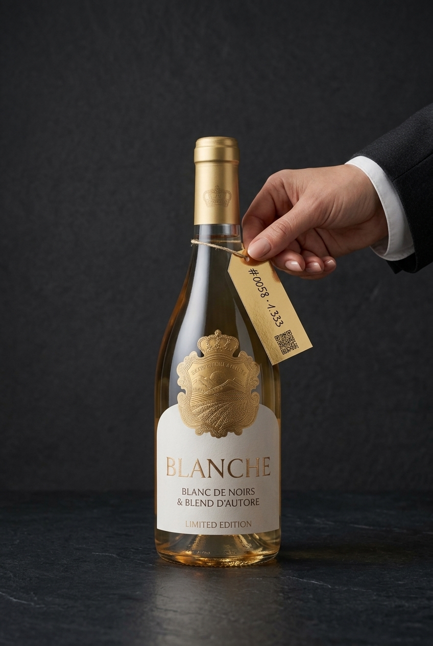 Mano che annoda il cartellino in carta Oro Lucido numerato a mano con sigillo QR Code accanto alla bottiglia Blanche Limited Edition