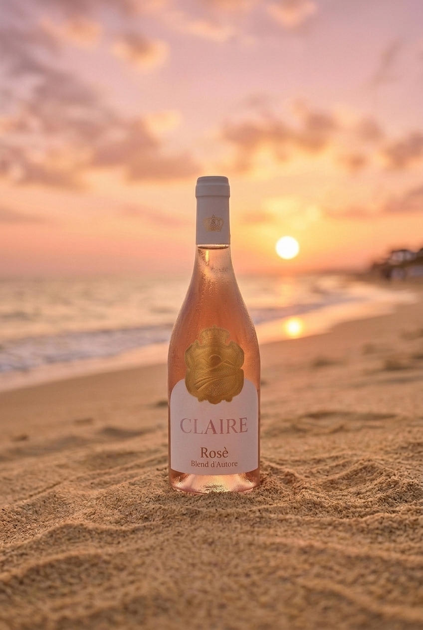 Claire — Rosato di Frappato e Nero d'Avola nella luce rosa cipria del tramonto mediterraneo