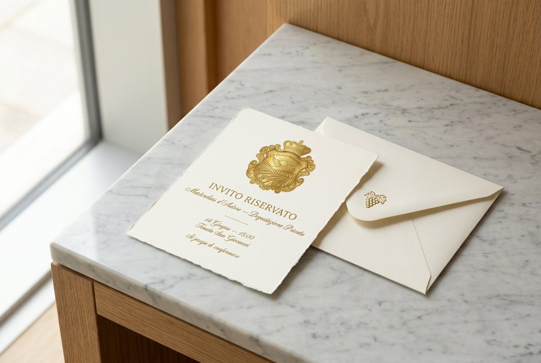 Invito Masterclass in carta materica con finiture oro a caldo e busta coordinata