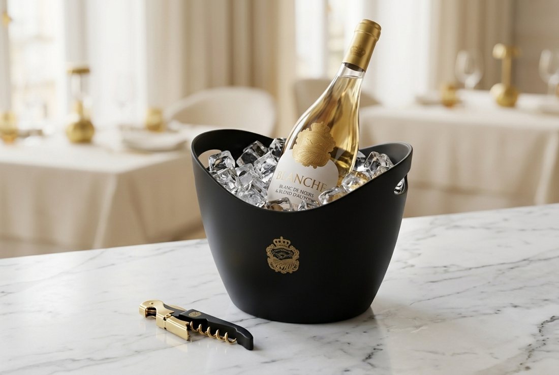 Glacette nera logata con bottiglia Blanche nel ghiaccio e cavatappi da sommelier nero e oro