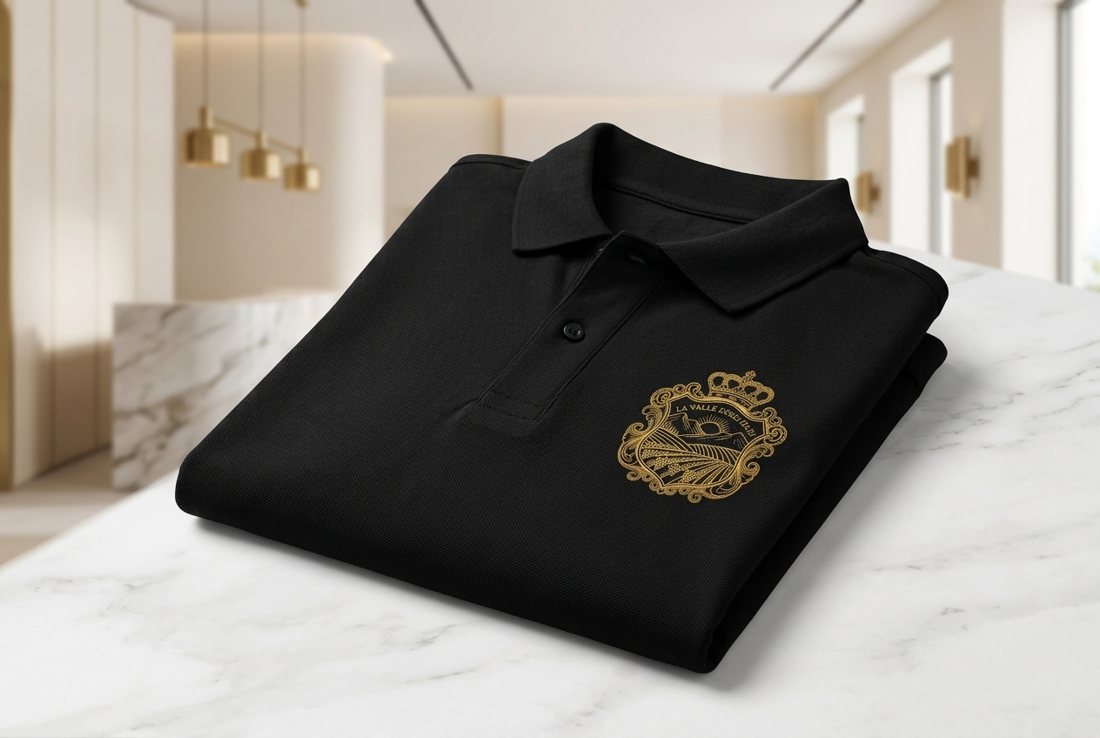 Polo sartoriale nera logata con crest oro per il personale di sala