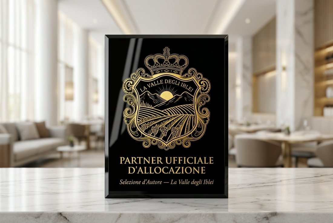 Targa d'allocazione in plexiglass nero lucido con crest e scritte incise in oro