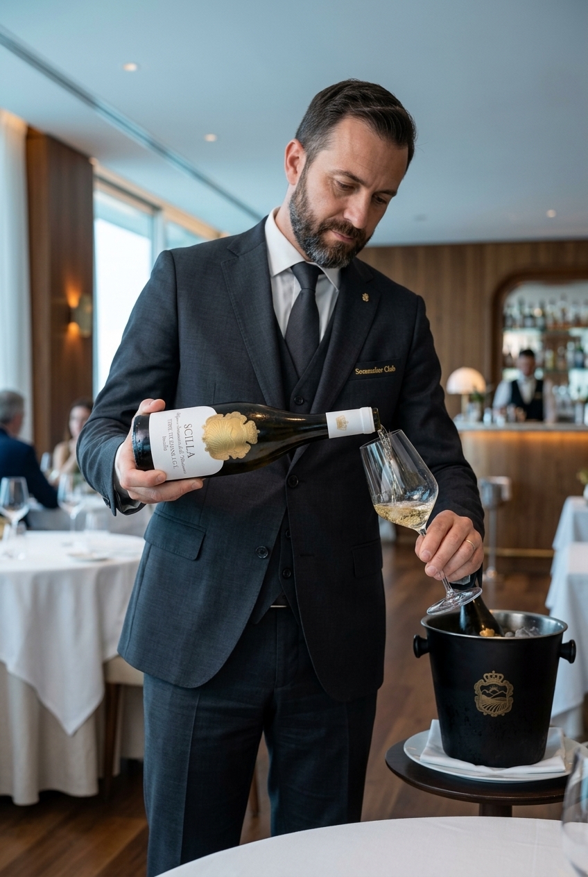 Sommelier del Sommelier Club in completo scuro che versa il bianco Scilla nel calice, con secchiello nero satinato e stemma araldico in oro