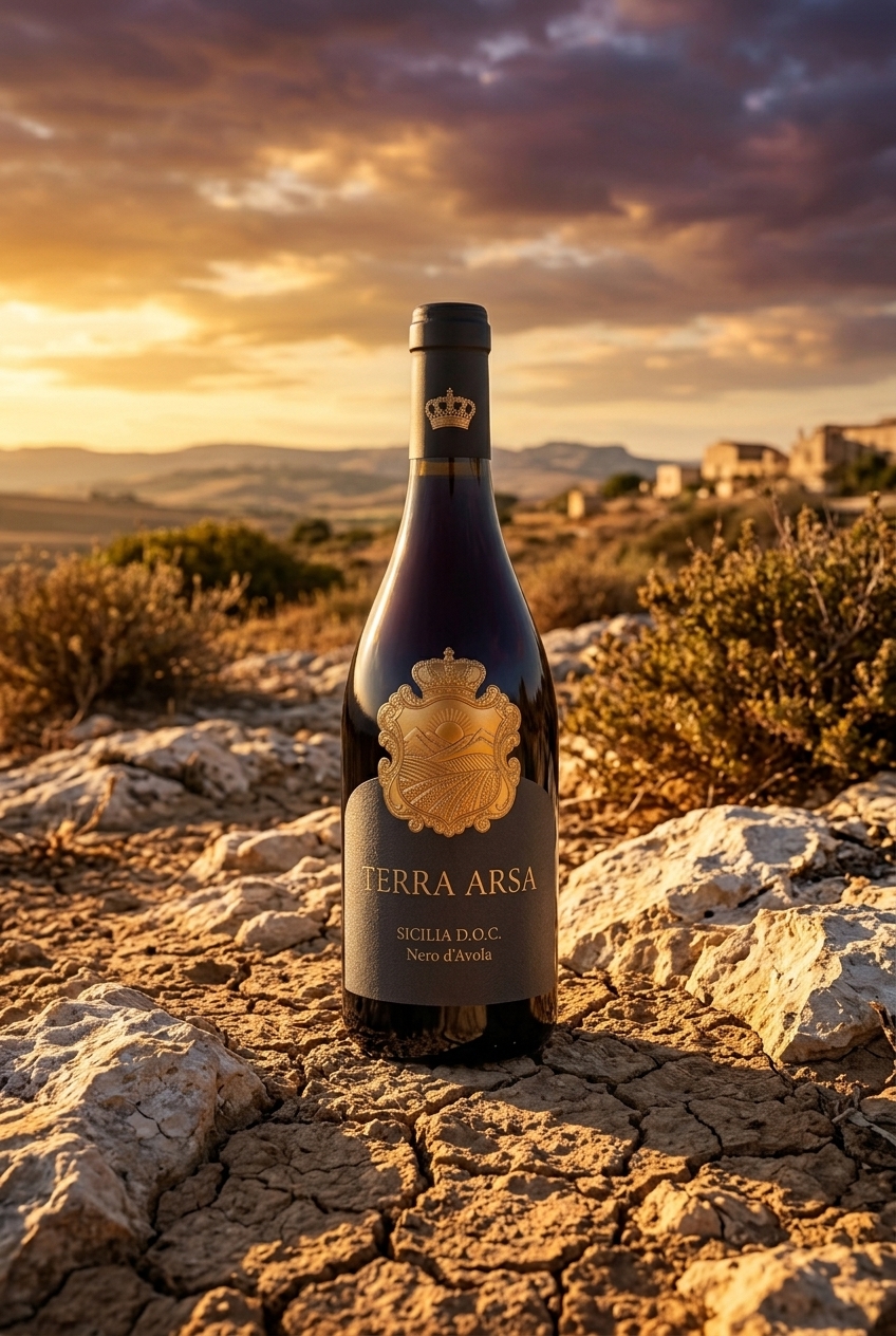 Terra Arsa — Nero d'Avola DOC Sicilia tra terra arsa e rocce calcaree iblee al tramonto